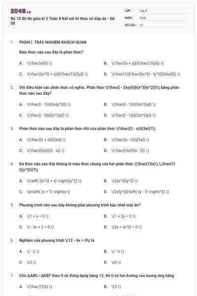 Bộ 10 đề thi giữa kì 2 Toán 8 Kết nối tri thức có đáp án - Đề 08