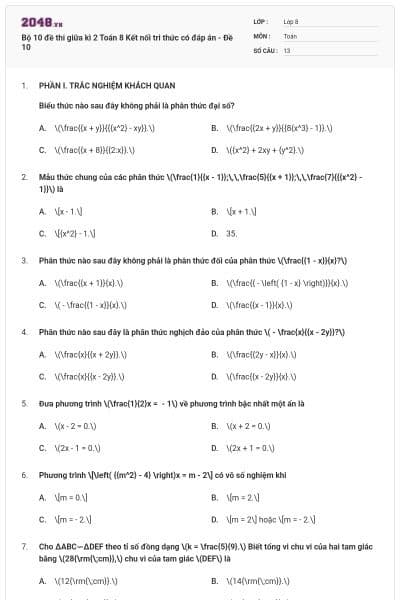 Bộ 10 đề thi giữa kì 2 Toán 8 Kết nối tri thức có đáp án - Đề 10