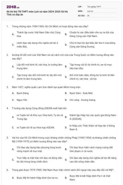 Đề thi thử TN THPT môn Lịch sử năm 2024-2025 Sở Hà Tĩnh có đáp án