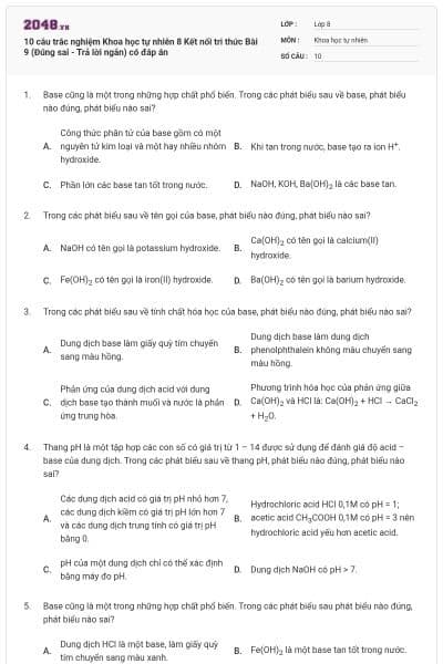 10 câu trắc nghiệm Khoa học tự nhiên 8 Kết nối tri thức Bài 9 (Đúng sai - Trả lời ngắn) có đáp án