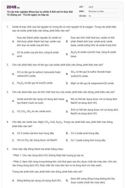 10 câu trắc nghiệm Khoa học tự nhiên 8 Kết nối tri thức Bài 10 (Đúng sai - Trả lời ngắn) có đáp án