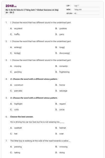 Bộ 5 đề thi Giữa kì 2 Tiếng Anh 7 Global Success có đáp án - Đề 3