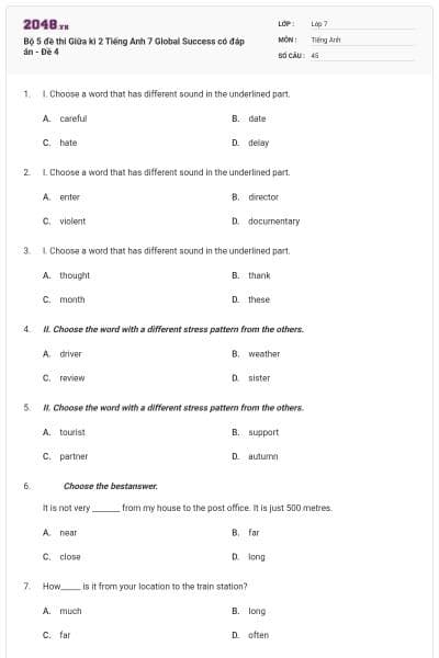 Bộ 5 đề thi Giữa kì 2 Tiếng Anh 7 Global Success có đáp án - Đề 4