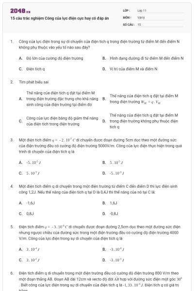 15 câu trắc nghiệm Công của lực điện cực hay có đáp án