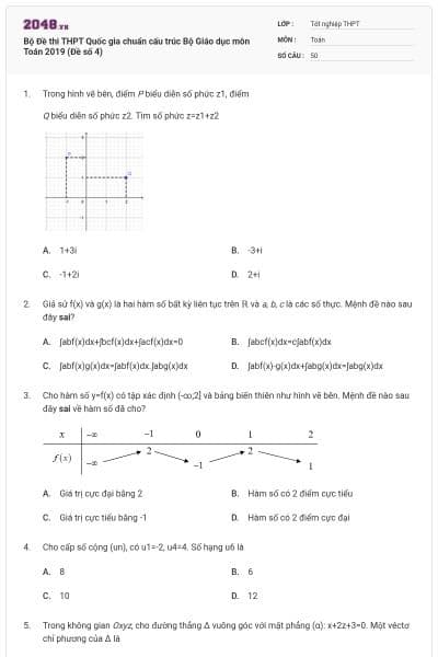 Bộ Đề thi THPT Quốc gia chuẩn cấu trúc Bộ Giáo dục môn Toán 2019 (Đề số 4)