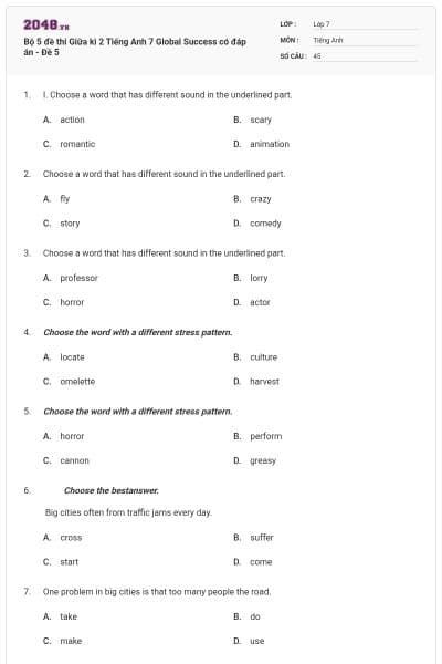 Bộ 5 đề thi Giữa kì 2 Tiếng Anh 7 Global Success có đáp án - Đề 5