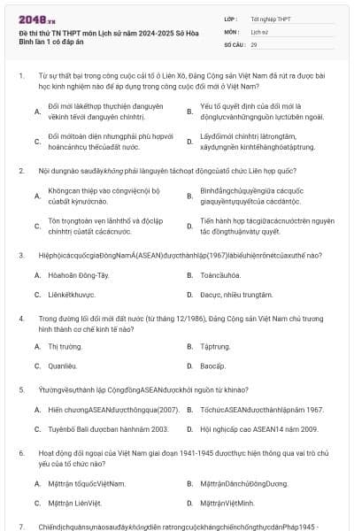 Đề thi thử TN THPT môn Lịch sử năm 2024-2025 Sở Hòa Bình lần 1 có đáp án