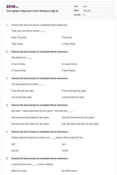 Trắc nghiệm Tiếng Anh 9 Unit 6 Writing có đáp án