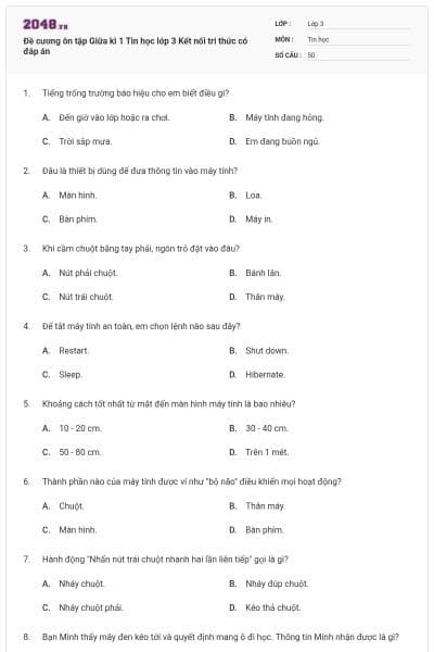 Đề cương ôn tập Giữa kì 1 Tin học lớp 3 Kết nối tri thức có đáp án