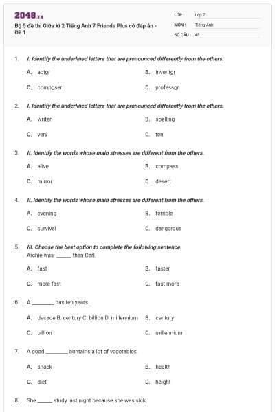 Bộ 5 đề thi Giữa kì 2 Tiếng Anh 7 Friends Plus có đáp án - Đề 1