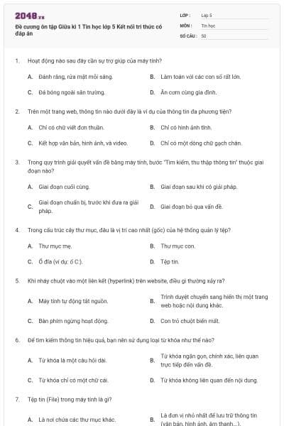 Đề cương ôn tập Giữa kì 1 Tin học lớp 5 Kết nối tri thức có đáp án
