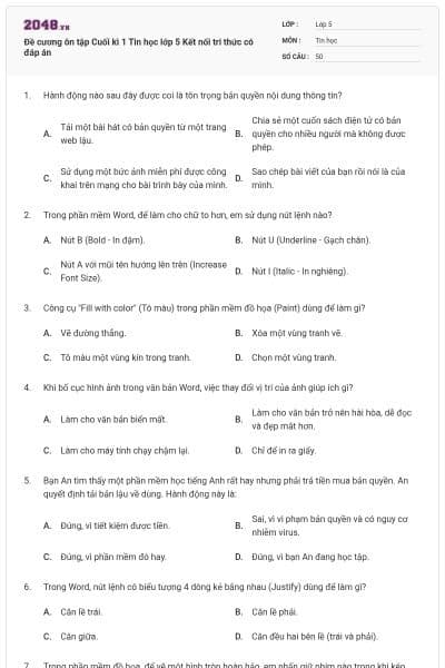 Đề cương ôn tập Cuối kì 1 Tin học lớp 5 Kết nối tri thức có đáp án
