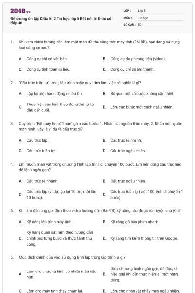 Đề cương ôn tập Giữa kì 2 Tin học lớp 5 Kết nối tri thức có đáp án