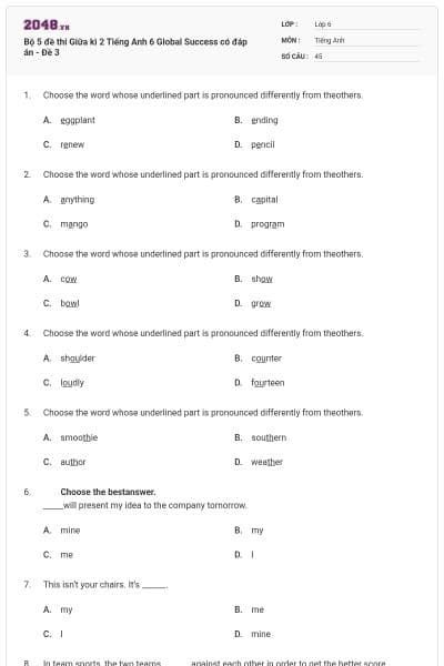 Bộ 5 đề thi Giữa kì 2 Tiếng Anh 6 Global Success có đáp án - Đề 3