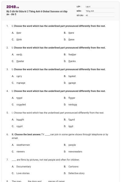 Bộ 5 đề thi Giữa kì 2 Tiếng Anh 6 Global Success có đáp án - Đề 5