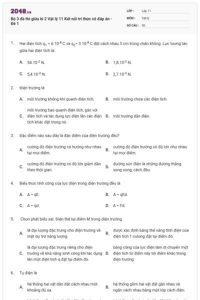 Bộ 3 đề thi giữa kì 2 Vật lý 11 Kết nối tri thức có đáp án - Đề 1