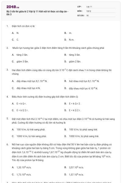 Bộ 3 đề thi giữa kì 2 Vật lý 11 Kết nối tri thức có đáp án - Đề 3
