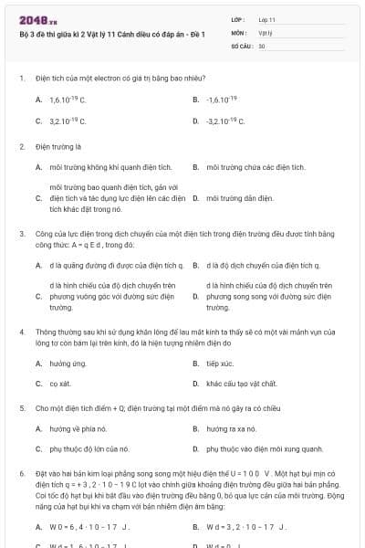 Bộ 3 đề thi giữa kì 2 Vật lý 11 Cánh diều có đáp án - Đề 1