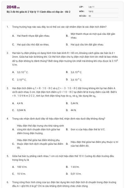 Bộ 3 đề thi giữa kì 2 Vật lý 11 Cánh diều có đáp án - Đề 2