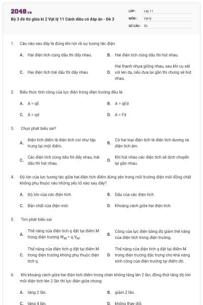 Bộ 3 đề thi giữa kì 2 Vật lý 11 Cánh diều có đáp án - Đề 3