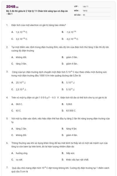 Bộ 3 đề thi giữa kì 2 Vật lý 11 Chân trời sáng tạo có đáp án - Đề 1