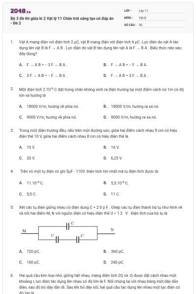 Bộ 3 đề thi giữa kì 2 Vật lý 11 Chân trời sáng tạo có đáp án - Đề 2