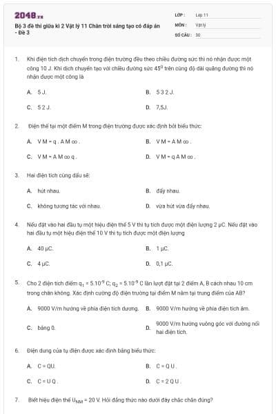 Bộ 3 đề thi giữa kì 2 Vật lý 11 Chân trời sáng tạo có đáp án - Đề 3