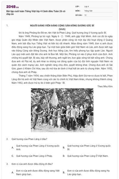 Bài tập cuối tuần Tiếng Việt lớp 4 Cánh diều Tuần 26 có đáp án