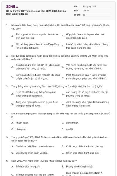 Đề thi thử TN THPT môn Lịch sử năm 2024-2025 Sở Hòa Bình lần 2 có đáp án