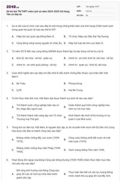 Đề thi thử TN THPT môn Lịch sử năm 2024-2025 Sở Hưng Yên có đáp án
