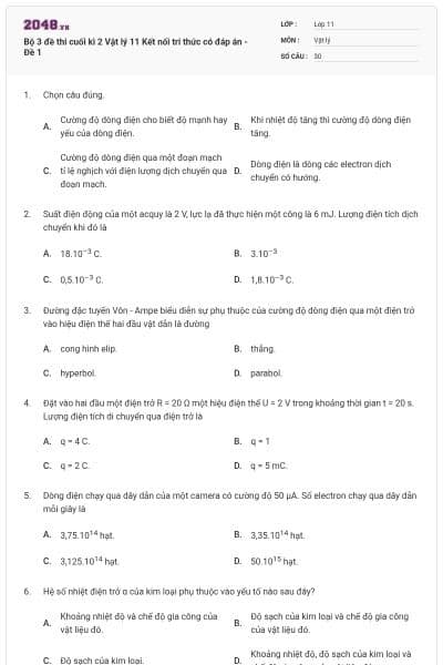 Bộ 3 đề thi cuối kì 2 Vật lý 11 Kết nối tri thức có đáp án - Đề 1