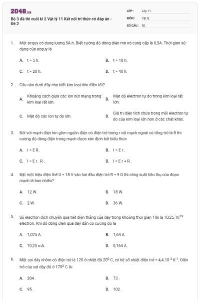 Bộ 3 đề thi cuối kì 2 Vật lý 11 Kết nối tri thức có đáp án - Đề 2