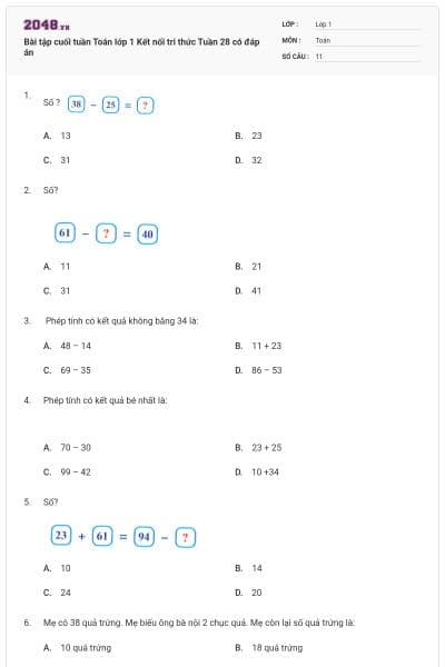Bài tập cuối tuần Toán lớp 1 Kết nối tri thức Tuần 28 có đáp án