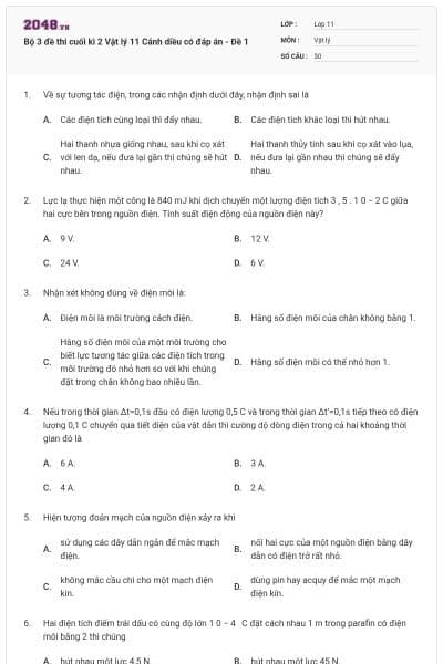 Bộ 3 đề thi cuối kì 2 Vật lý 11 Cánh diều có đáp án - Đề 1