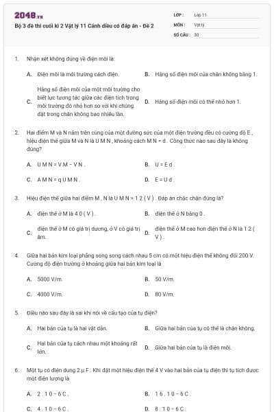 Bộ 3 đề thi cuối kì 2 Vật lý 11 Cánh diều có đáp án - Đề 2