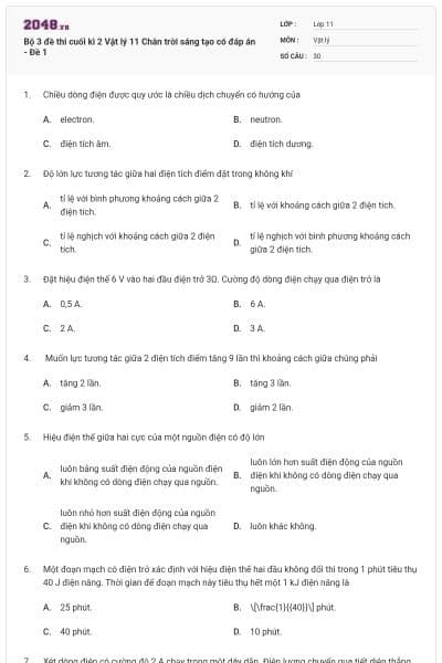Bộ 3 đề thi cuối kì 2 Vật lý 11 Chân trời sáng tạo có đáp án - Đề 1