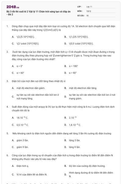 Bộ 3 đề thi cuối kì 2 Vật lý 11 Chân trời sáng tạo có đáp án - Đề 2
