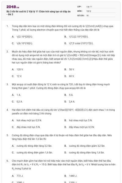 Bộ 3 đề thi cuối kì 2 Vật lý 11 Chân trời sáng tạo có đáp án - Đề 3