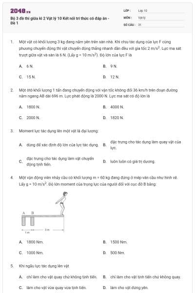 Bộ 3 đề thi giữa kì 2 Vật lý 10 Kết nối tri thức có đáp án - Đề 1
