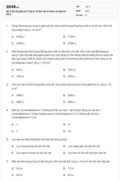 Bộ 3 đề thi giữa kì 2 Vật lý 10 Kết nối tri thức có đáp án - Đề 3