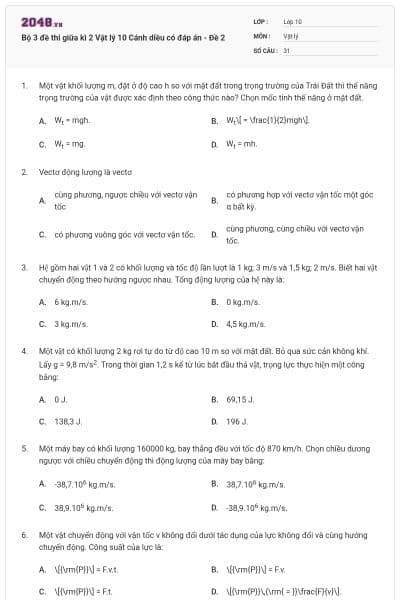 Bộ 3 đề thi giữa kì 2 Vật lý 10 Cánh diều có đáp án - Đề 2