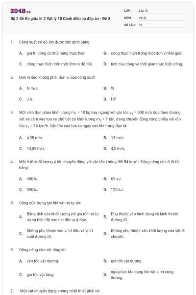 Bộ 3 đề thi giữa kì 2 Vật lý 10 Cánh diều có đáp án - Đề 3
