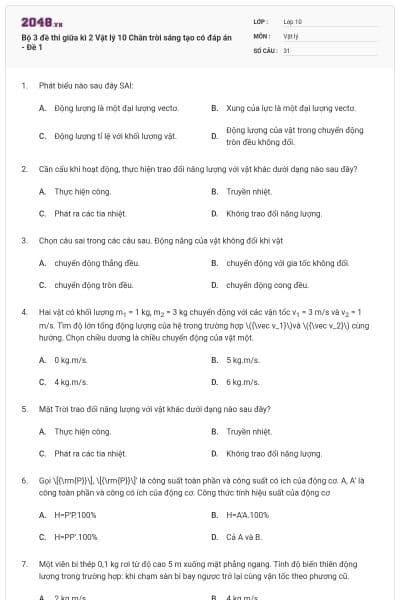 Bộ 3 đề thi giữa kì 2 Vật lý 10 Chân trời sáng tạo có đáp án - Đề 1