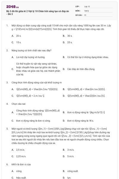 Bộ 3 đề thi giữa kì 2 Vật lý 10 Chân trời sáng tạo có đáp án - Đề 3