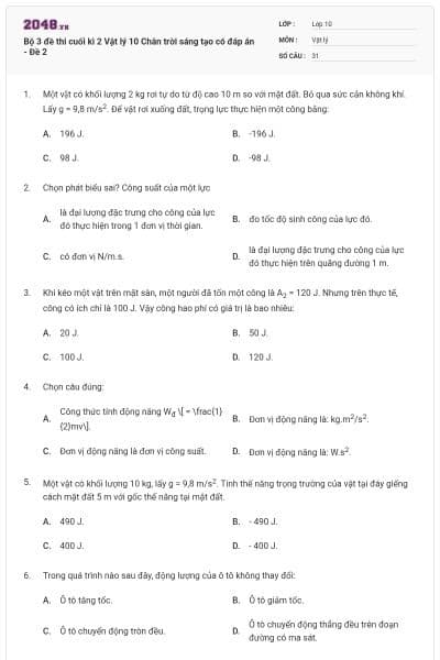 Bộ 3 đề thi cuối kì 2 Vật lý 10 Chân trời sáng tạo có đáp án - Đề 2