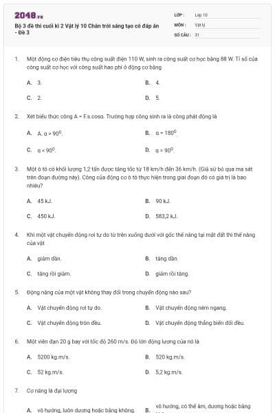 Bộ 3 đề thi cuối kì 2 Vật lý 10 Chân trời sáng tạo có đáp án - Đề 3