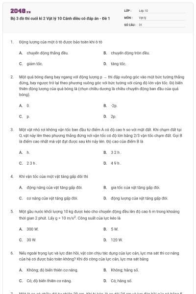 Bộ 3 đề thi cuối kì 2 Vật lý 10 Cánh diều có đáp án - Đề 1