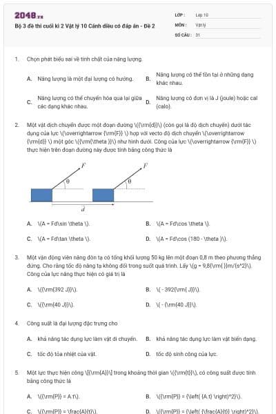 Bộ 3 đề thi cuối kì 2 Vật lý 10 Cánh diều có đáp án - Đề 2