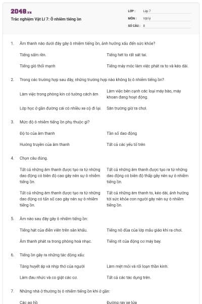 Trắc nghiệm Vật Lí 7: Ô nhiễm tiếng ồn