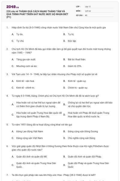 220 câu về THÀNH QUẢ CÁCH MẠNG THÁNG TÁM VÀ QUÁ TRÌNH PHÁT TRIỂN ĐẤT NƯỚC MỨC ĐỘ NHẬN BIẾT (P1)